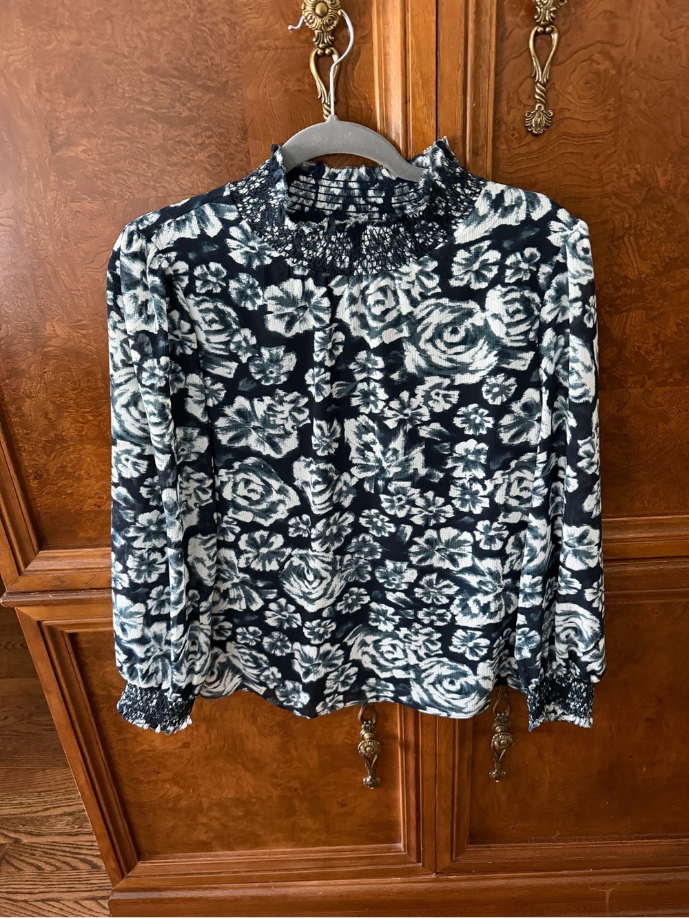 J. Crew Black & White Floral Smocked-Neck Blouse
